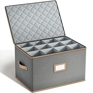 TomVista Wine Glass Storage Box with Dividers, Quilted Hard Shell Organizer for Stemware and Glassware Sets, Ideal for Storage and Moving Supplies, 1-Pack, Grey