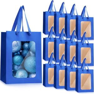 Reginary 50 Pcs Paper Gift Bags with Transparent Window Clear Gift Bag 9.8 x 7.1 x 5.1 Flower Bouquet Bag with Handle Shopping Tote for Graduation Bridesmaid Present Wedding Party Festival(Blue)