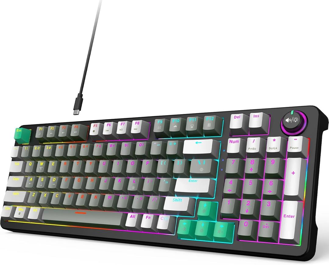 GEEZER Mechanical Gaming Keyboard with LED Backlit, Blue Switch, Volume Knob, 96 Keys Full Size Compact USB Wired Computer Keyboards for Office Windows Laptop PC & Mac Gamer - Grey & Black
