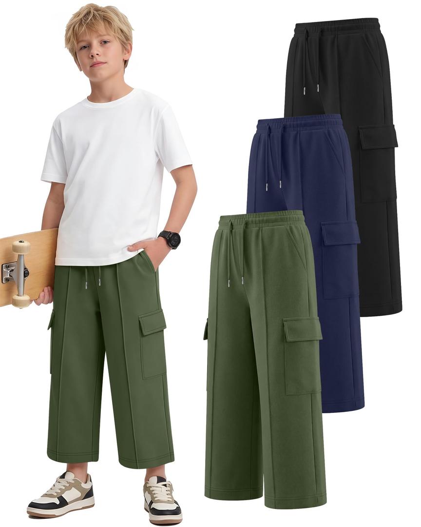 Langyiwee 3 Pack Boys Capri Pants Drawstring Elastic Waisted Teens Cargo Joggers Pull on Casual Sweatpants with Pockets(Army Green, Navy Blue, Black,11-12 Years)
