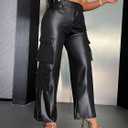 Ryehack Faux Leather Pants for Women Y2K High Waisted Wide Leg Cargo Pants PU Trousers with Pockets