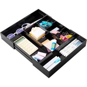 Briwooody 1 Pcs Acrylic Desk Drawer Organizer 9'' up to 18'' x 12'' x 2.1'' Expandable Drawer Organizer Trays with 8 Adjustable Compartments Black Desk Accessories for Makeup Office Bathroom (Vintage)