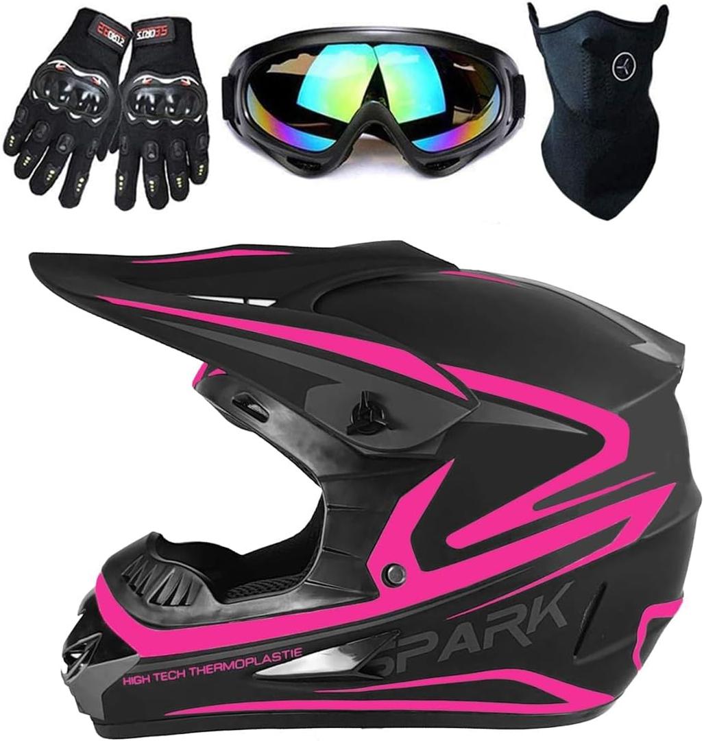 Youth Kids Dirt Bike Helmet, Motocross Off Road Motorcycle ATV UTV Street Bike Casque Casco Combo Gloves Goggles Mask (4Pcs Set), DOT Approved (Large, Pink)