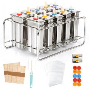 Popsicle Molds Set 10 Pieces Stainless Steel Popsicle Maker, Homemade Popsicle Molds with 100 Sticks, 20 Bags, 22 Silicone Seals, 1 Cleaning Brush & 1 Stand, Ice Pop Mold Maker for Kids (Square)