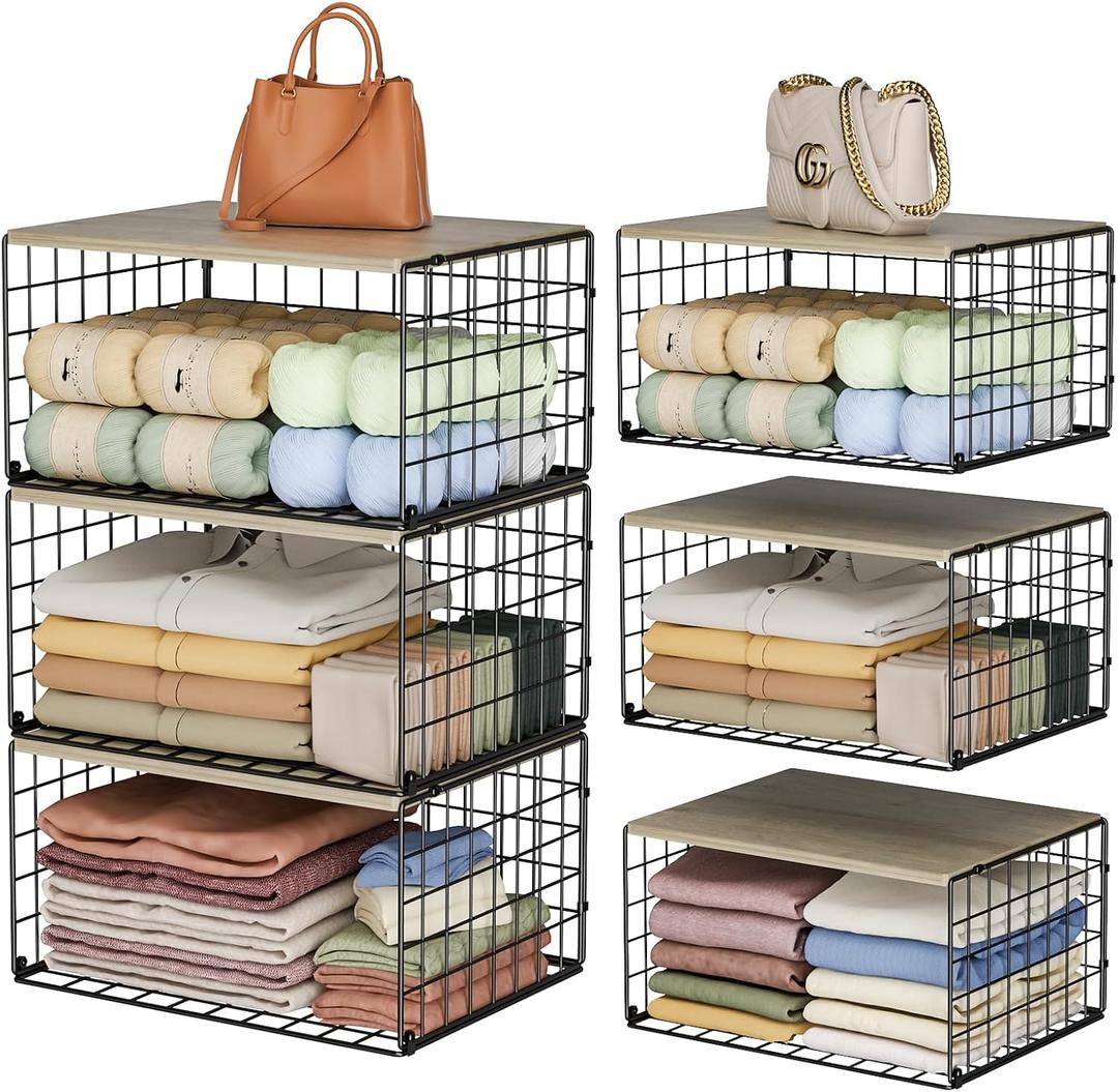 Extra-Long, Low-Profile Closet Organizers and Storage with Wood Top, 3 Pack Stackable Closet Shelf Organizer, Space-Saving Clothes Storage Bin for Wardrobe & Bedroom & Small Spaces, Sturdy Metal Black