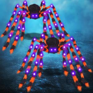 2 Pack 50 Inch Giant Halloween Light up Spiders Outdoor Decorations, Scary Giant Spider with 26 Purple LED Lights, Fake Large Spider for Indoor Outside Haunted Party Favor Yard Home House Props Decor (Orange Black)