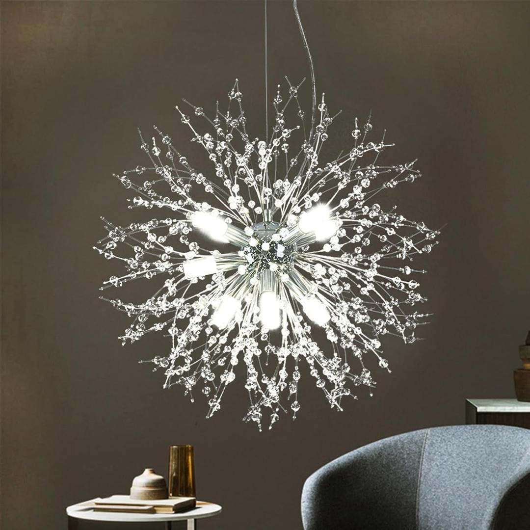 Modern Firework 8 Lights Crystal Chandeliers, Sputnik Dandelion Chrome Chandelier Light Fixture Pendant Lighting for Bedroom, Foyer, Hallway, Entryway, Kitchen, Dining Room