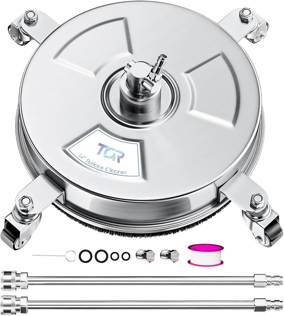 TOR 14" Stainless Steel Pressure Washer Surface Cleaner with 4 Caster Wheels, 4000 PSI, 2 Extension Wands & Nozzles, Power Washer Surface Cleaner for Concrete, Driveway, Patio, 1/4" Quick Connect