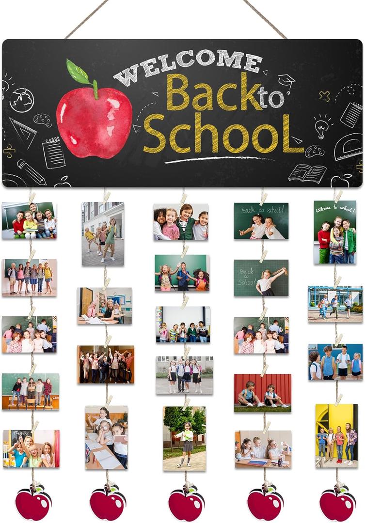 Back To School Decoration - 13'' x 5.5'' Welcome Wooden Sign With 5 Hanging Apples - Photo Hanging Display Picture Board with 30 Clips - Wall Art Classroom Wall Plaque Decor & Supplies - A01