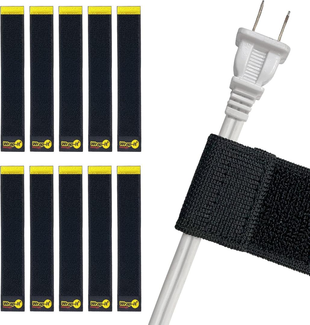 Selfie Straps by Wrap-It Storage, 9-inch (10-Pack), Black - Stretchy Hook and Loop Cord Organizer that Stays Attached to Cord for Electrical Cable Management and Organization