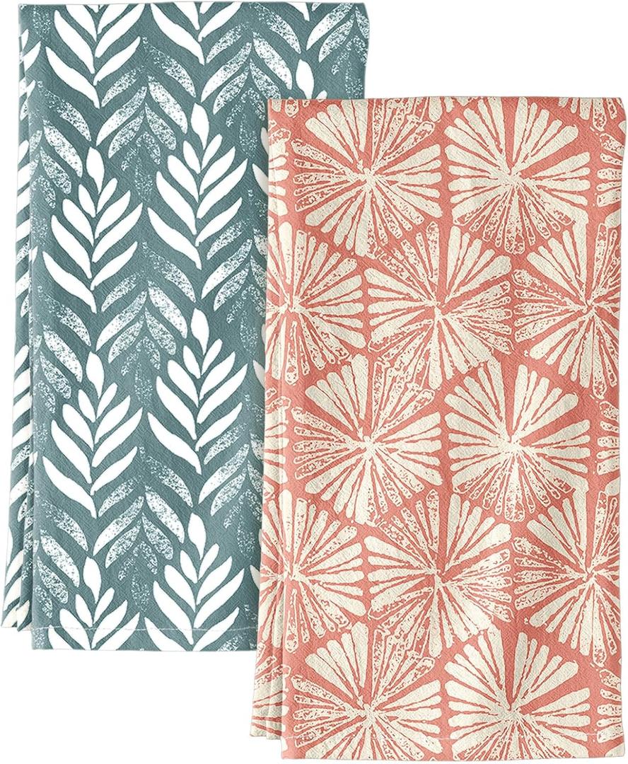 2 Pack Flour Sack Kitchen Towels - 16x26 Inch Cotton Dish Towels with Hanging Loop Reusable Geometric Boho Modern Retro Tea Towel Absorbent Dishcloths Home Decor, Botanical Flower