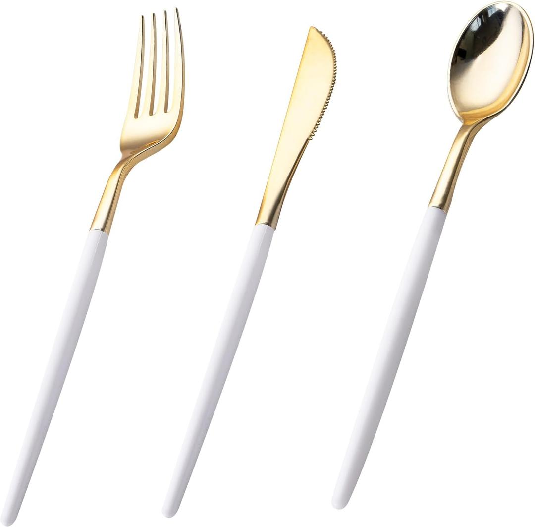 I00000 60 Pcs Gold Plastic Silverware - Heavy Duty Plastic Cutlery -Party Disposable Silverware SetDisposable Cutlery Set Includes 20 Forks, 20 Knives, 20 Spoons Perfect for Wedding