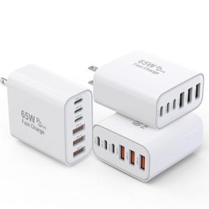 3 Pack 65W GaN Type C Wall Charger Block,6-Port Fast Charging Block,PD USB C Plug Adapter+QC Plug Compatible with Apple iPhone 17/17 Air/16E/16Pro Max/16Plus/16/15/14/13/12/11/XS Max,iPad Pro,AirPods (White)