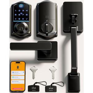 Veise VE017-D Smart Fingerprint Front Door Lock Set, App Control, 8-in-1 Keyless Entry Deadbolt with Lever Handle, Touchscreen Keypad, IP55 Weatherproof, Auto Lock, Easy Install, Matte Black