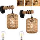 ALAISLYC Boho Wall Sconces Set of 2 Rattan Wall Sconce Dimmer Wall Lamp Light Fixtures with Cord Wicker Hanging Wall Mount Light for Bedroom Living Room