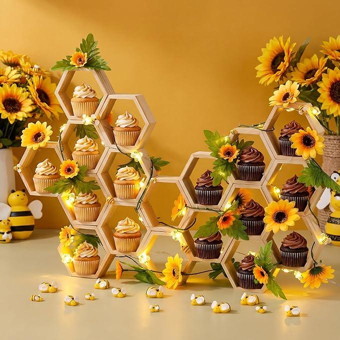 Gerrii 18 Pcs Mini Honeycomb Cupcake Stands Wooden Hexagon Cake Holders with 30 Bees 2 Bee String Lights 2 Sunflower Vine Garlands for Baby Bee Gender Reveal Birthday Baby Shower Wedding Party Decor