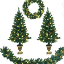4pcs Pre-lit Christmas Decoration Set w/ Garland Wreath & Entrance Trees