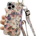 Compatible with iPhone 14 Plus Case,[ with wrist strap + lanyard ]Colorful Retro Oil Painting Printed Flower Laser Glossy Pattern Cute Exquisite Phone Cover Stylish Protective Case for Girls Women. (Pink)