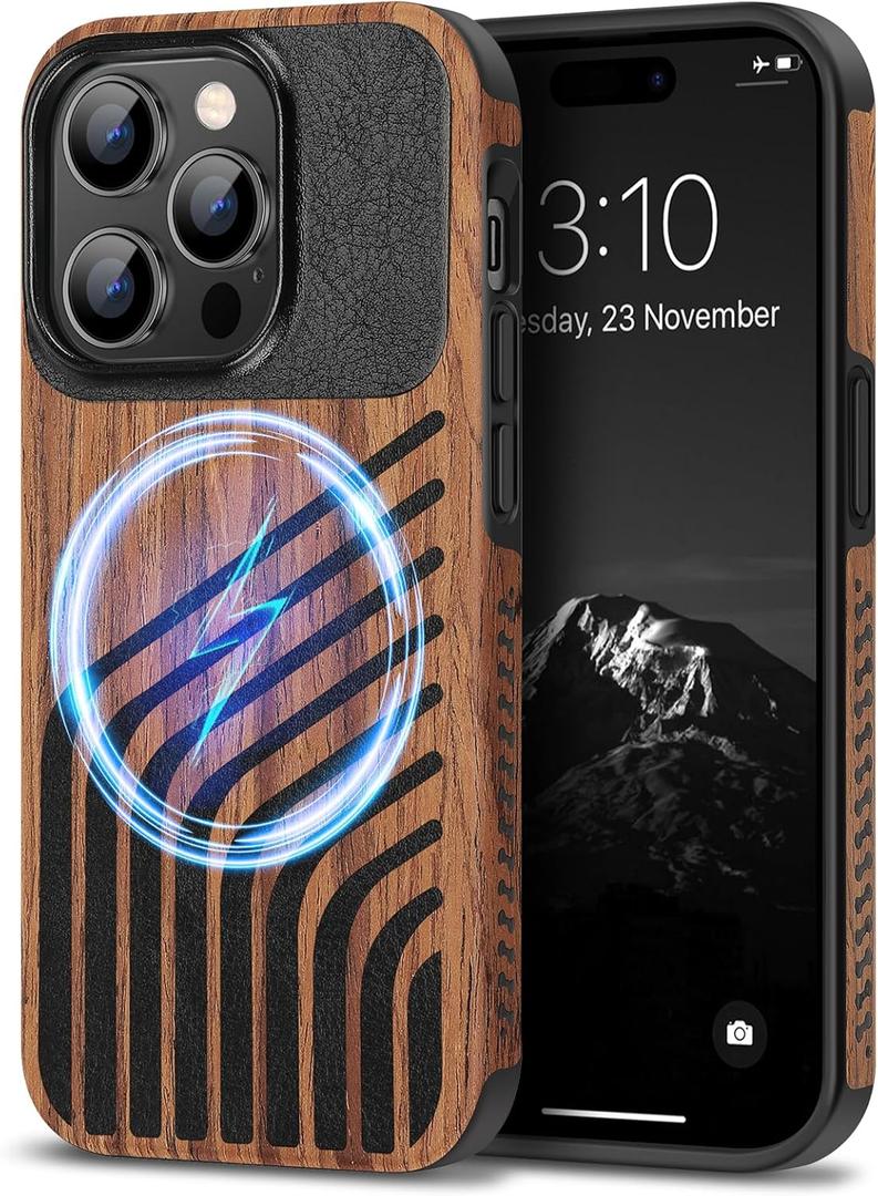 TENDLIN Magnetic Case Compatible with iPhone 14 Pro Max Case Wood Grain with Carbon Fiber Texture Design Leather Hybrid Slim Cover (Compatible with MagSafe) Hairline