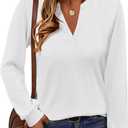 TICTICMIMI Women's V Neck Tops Long Sleeve Henley Shirts Casual Tunic Blouse (White, M)