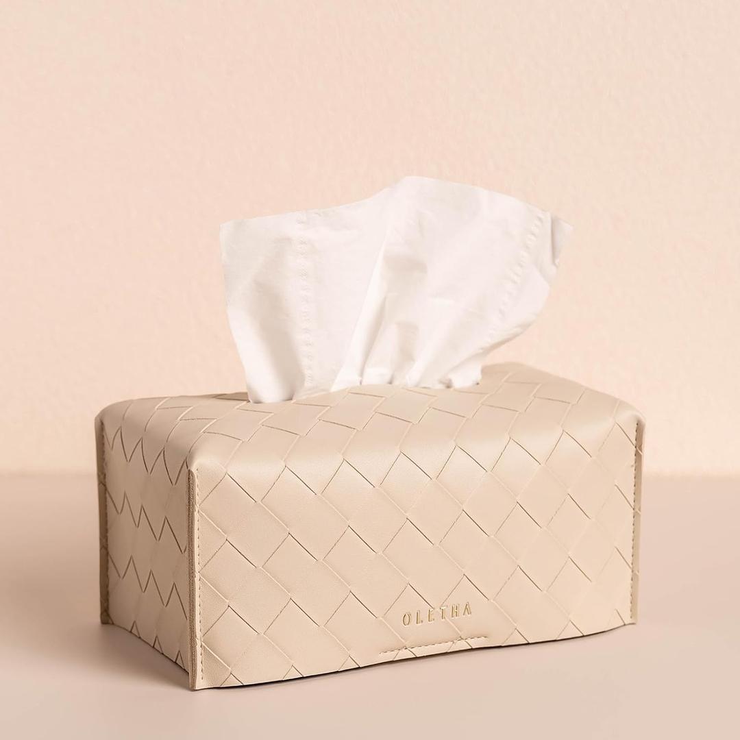 OLETHA Aesthetic Rectangle Tissue Box Cover, High Flat Box Tissues Holder Rectangular, Woven Textured, Light Taupe (Fits High Flat Box (180-230 Sheets))