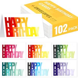 XXINMOH 102 Pack Happy Birthday Cards Bulk Box Set with Envelopes 4 x 6 inch, Blank Inside, 6 Designs for Students, Work, Office, Colorful Ombre Font (Plus 102 Pack Envelopes)