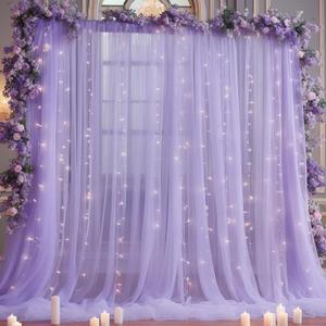 10x10ft Purple Tulle Backdrop Curtain with Lights String for Parites, Sheer Photo Backdrop Curtains for Wedding Baby Shower Birthday Party Photo Shoot Decorations (10ft x 10ft(2 Panels 5*10ft))