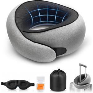 Purroch G-Shape Memory Foam Travel Neck Pillow - 100% Pure Foam Ergonomic Support with Eye Mask & Ear Plugs for Airplane Flights, Car Trips & Office Naps, Beige Gray