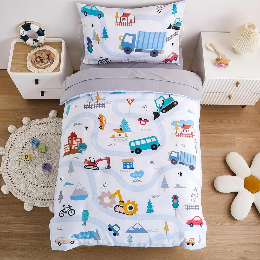 4-Piece Cars Toddler Bedding Set for Boys Girls- Soft & Skin Friendly Toddler Bed Set Includes Toddler Comforter, Flat Sheet, Fitted Sheet and Pillowcase (Light Blue) (Vehicle)