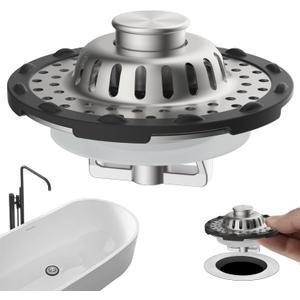 Universal Bathtub Drain Stopper Shower Drain Hair Catcher, Tub Stopper with Visible Top Strainer, Upgraded 3 in 1 Pop-up Drain Plug Fit for 1.5 to 2.4" Hole, Stainless Filter Basket, Brushed Nickel