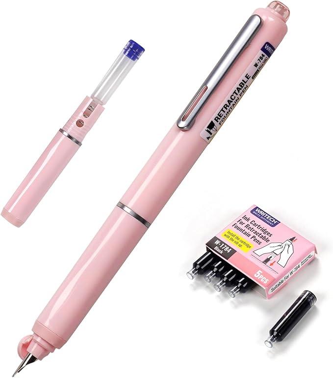 WRITECH Retractable Fountain Pen Set: Black Ink Fine Nib, 5 Refillable Ink Cartridges Included, No Leaking Smooth Writing for Calligraphy Journaling Gift (Pink)