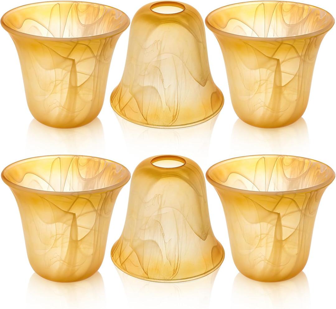 Teenyyou 6 Pcs Bell Shaped Glass Lamp Shade E26 Replacement Globe Ceiling Fan Light Cover with 1-5/8'' Fitter Opening for Chandelier Wall Sconce Pendant Light Bathroom Vanity Fixture (Amber Marble)