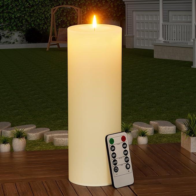 12" x 4" Large Outdoor Candle with Timer Waterproof Flickering LED Flameless Candle Battery Operated with Remote Fake Pillar Candle Realistic for Patio Porch Lantern, Ivory 1 Pack 