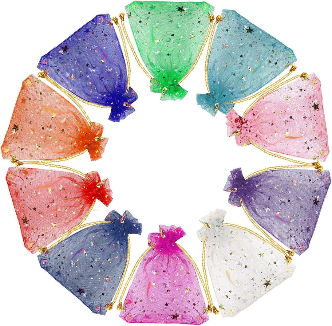 SUMAJU 100 Pieces Moon Star Organza Jewelry Candy Bags, 2.7x3.5 Inch Random Color Organza Favor Bags Easter Gift Pouch with Drawstring for Wedding Birthday Party favor