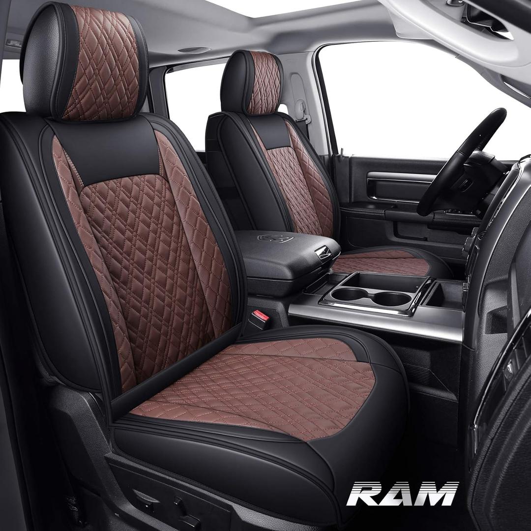 YIERTAI 5pcs Car Seat Covers Compatible with Dodge Ram Custom Fit 2009-2025 1500 2010-2025 2500 3500 Pickup Classic Longhorn Laramie Mega Cab Waterproof Leather, Full Set Black-Brown