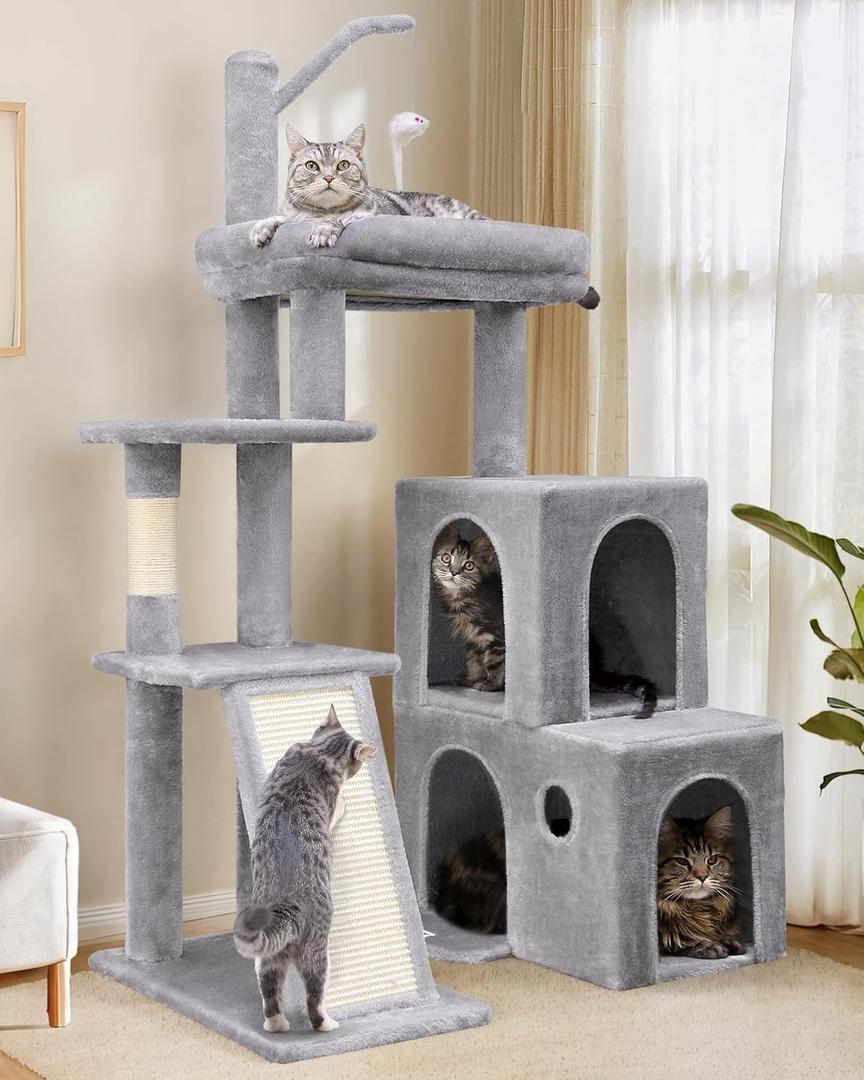 Globlazer Cat Tower for Indoor Adult Cats, 50-inch Heavy Duty Cat Tree House for Big Cats with Extra-Large Padded Platform, Sisal Scratching Board, 2 Large Condos, F50, Light Grey