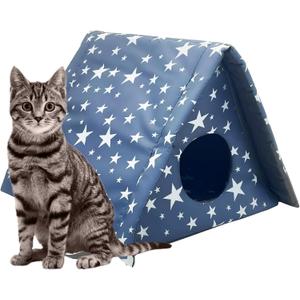 Fhiny Stray Cats Shelter, Waterproof Outdoor Cat House Foldable Warm Pet Cave for Winter Wild Animal Tent Bed Anti-Slip Kitten Cave for Feral Cat Dog Puppy Weatherproof (M, Blue)