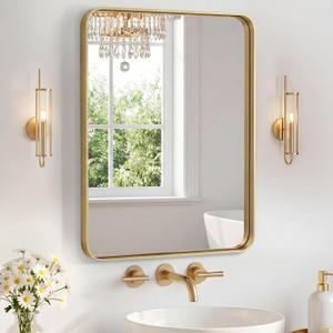 Sweetcrispy Bathroom Mirror 20x16 Inch Metal Framed Rounded Rectangle Vanity Mirror for Wall, Over Sink, Farmhouse, Restroom, Anti-Rust, Modern Decorative, Horizontal or Vertical Hanging, Gold