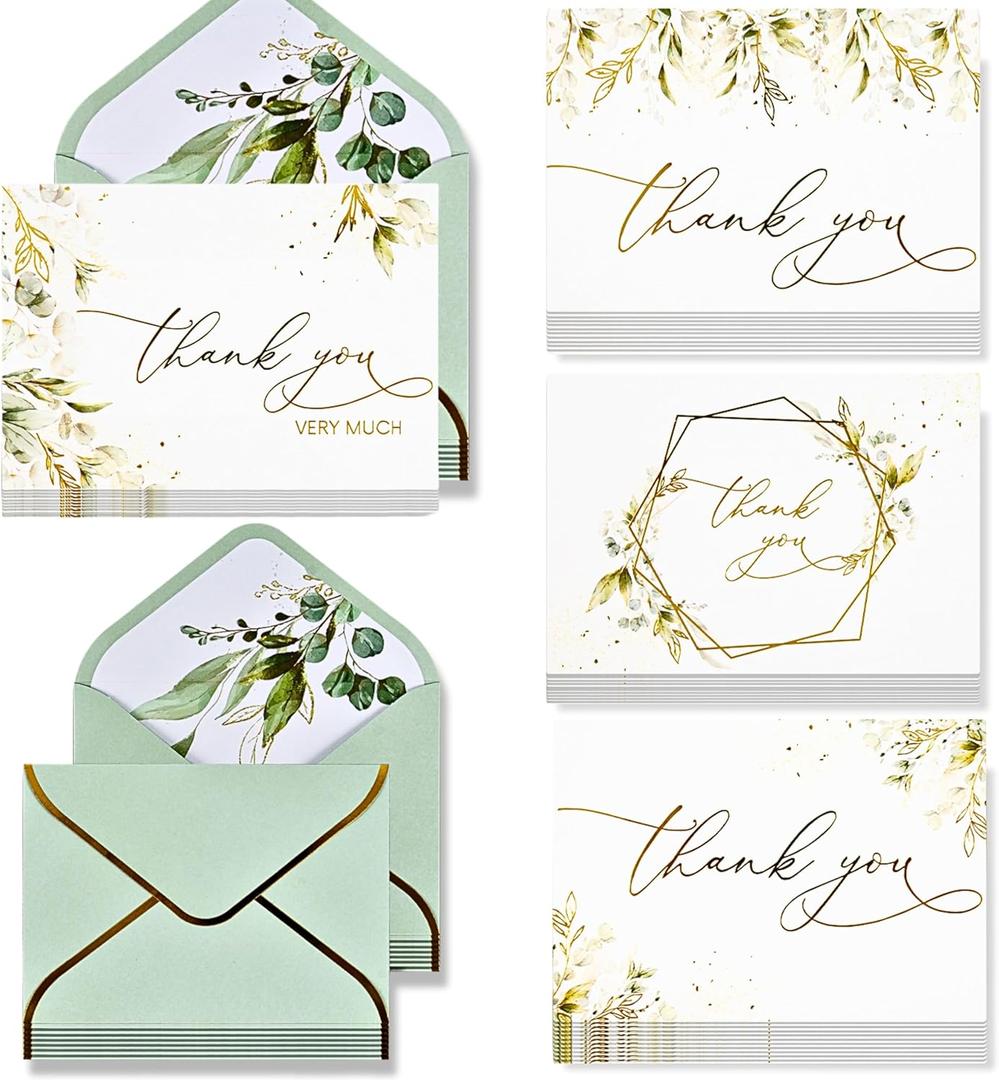 Thank You Cards with Envelopes Bulk 100 PK, Sage Green And Gold Foil Stamped 5x3.5 Inches. Ideal For Wedding, Blank Thank You Notes, Baby, Bridal Shower Cards Small Business, Graduation, Kids, Sympathy