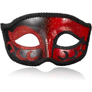MYSEUNI 2025 New Masquerade Mask for Men, Venetian Mens Masquerade Mask for Halloween Party Mardi Gras Mascarade Ball (Black Red)