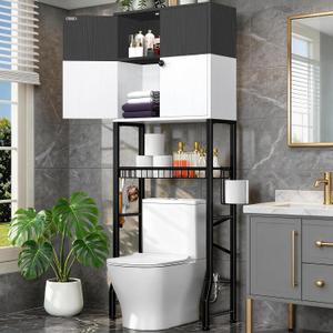 Over-The-Toilet Storage Rack, 4-Tier Bathroom Organizer Shelf Over Toilet with Barn Doors Cabinet and Basket, Freestanding Space Saver Bathroom Shelves with Paper Holder Above Toilet (Black & White), Large