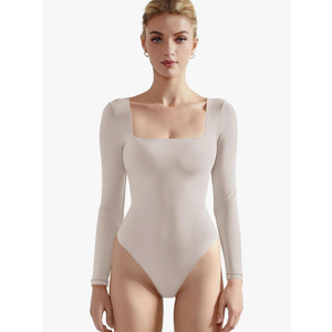 SUUKSESS Women Square Neck Long Sleeve Bodysuit Sexy Thong Bodysuit Shirts, S