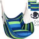 Halalona Hammock Chair Hanging Hammock Chair Rope Swing 2 Cushions Included-Sturdy & Durable Soft Cotton Hand Woven Hammock Swing for Bedroom, Porch, Patio-Indoor/Outdoor (Green & Blue)