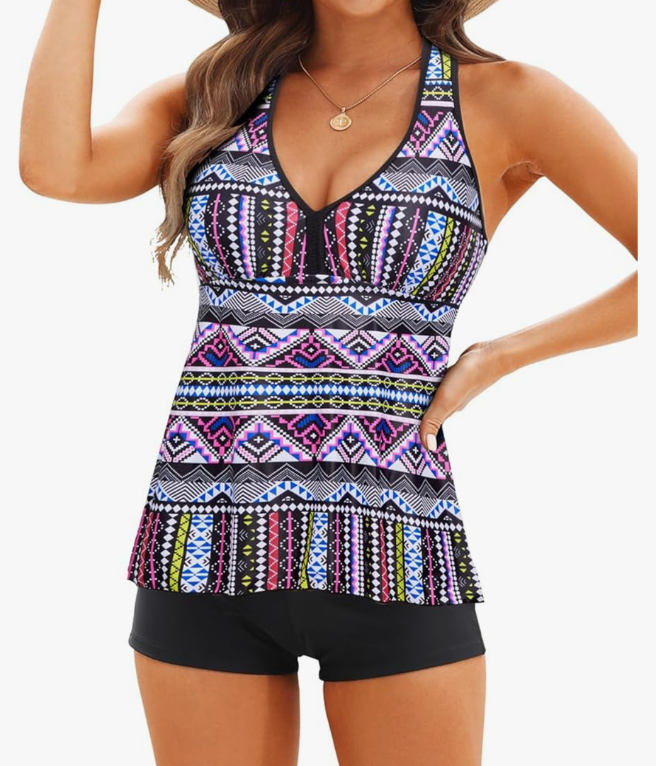 Tempt Me Women Two Piece Tankini Swimsuit Racerback Bathing Suits Tops with Shorts High Waisted, Medium