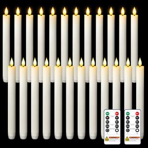Homemory 24 Pcs Waxy Flameless Taper Candles with Remote, Flickering Battery Operated Taper Candle, Led Flameless Candlesticks Classic Tall Candles for Home, Wedding, Party, White, 9.6 inches
