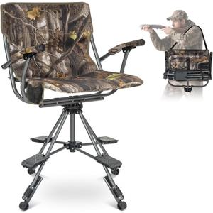 LET'S CAMP Folding Hunting Chair for Blinds 360 Degree Silent Swivel, 330LBS Capacity Portable Padded Cushion Hunting Seat with Armrest, 4 Legs Adjustable Height, Shoulder Strap, Cup Holder-CAMO