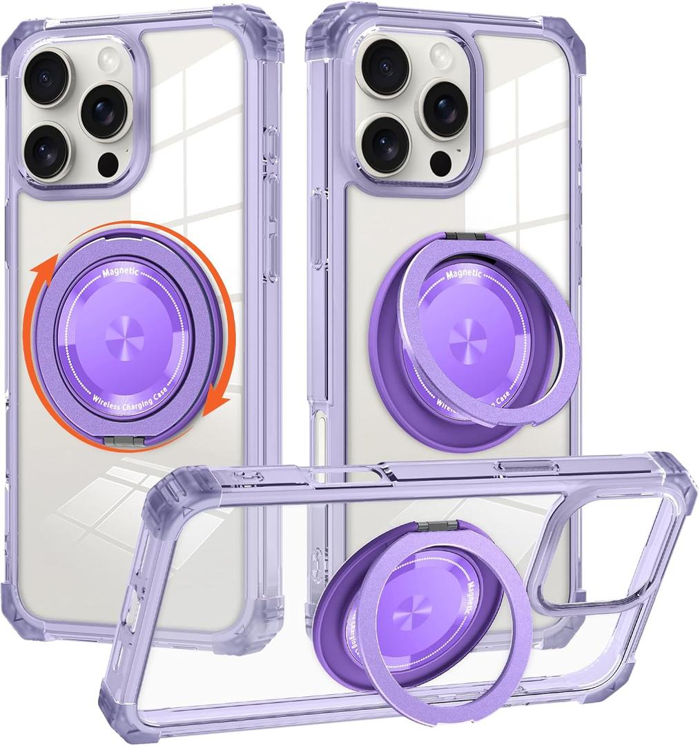 Magnetic Phone case Compatible with iPhone 16 Pro Max Case Four-Corner Shockproof with Magnetic-Ring Phone Stand Clear Purple Case