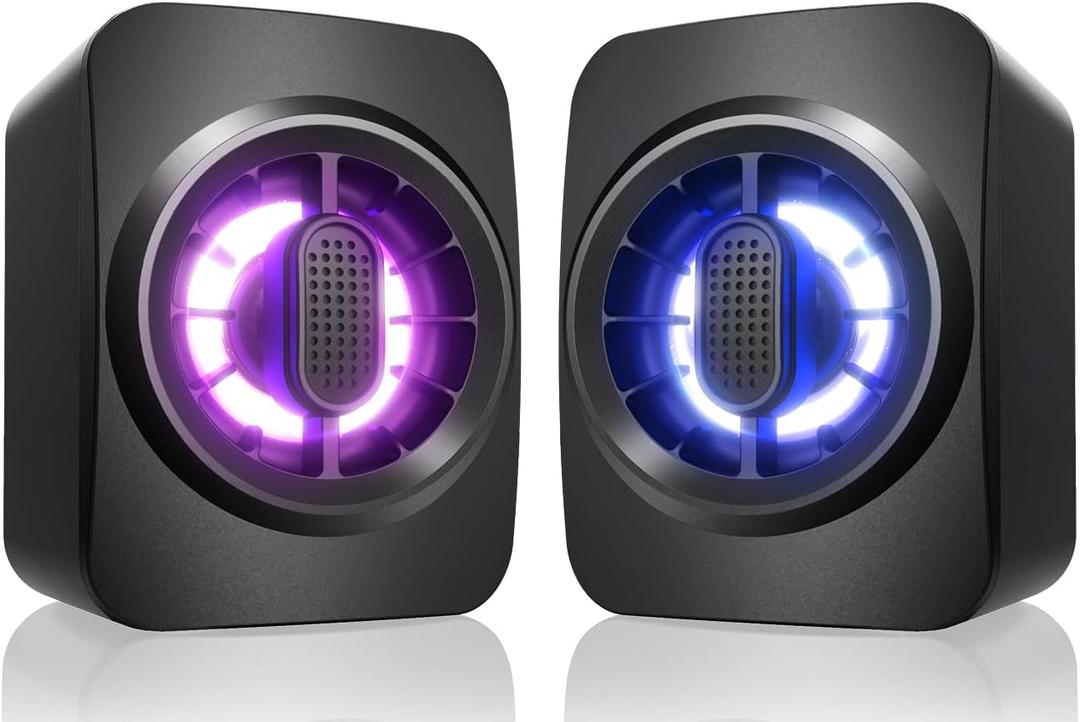 Computer Speakers, RGB PC Speakers, USB Powered 3.5mm Aux Speaker for Desktop, PC, Laptop, Tablet - Small Computer Speakers | Clear Sound & 7-Color Dynamic Lighting