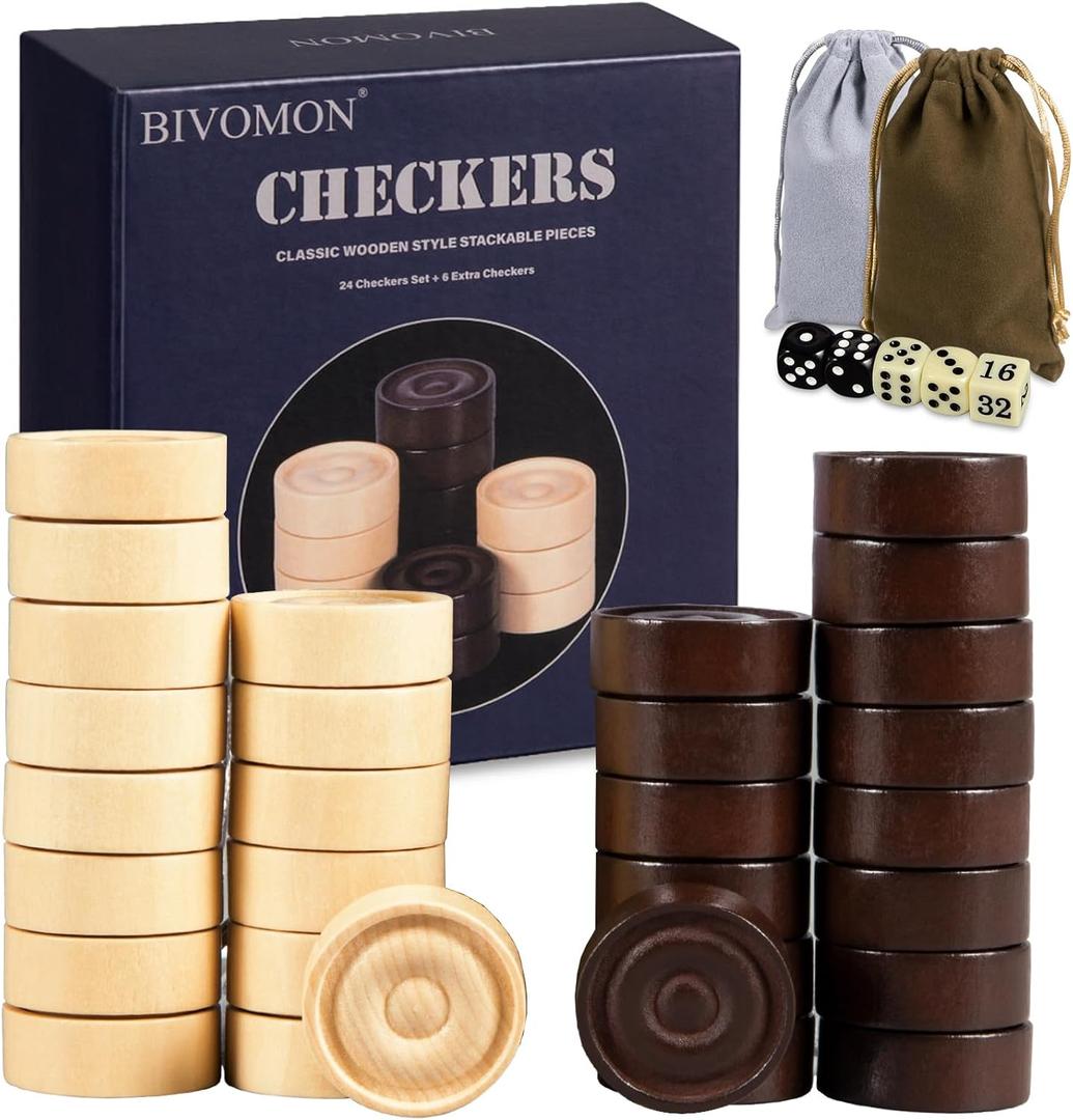 Classic Wooden Checkers Stackable Pieces, Backgammon Pieces, Set of 30 Checkers Pieces, 5 Dice, 2 Drawstring Storage Bags, Checkers (1.2 W X 0.4 H) Inches, Brown+Wood