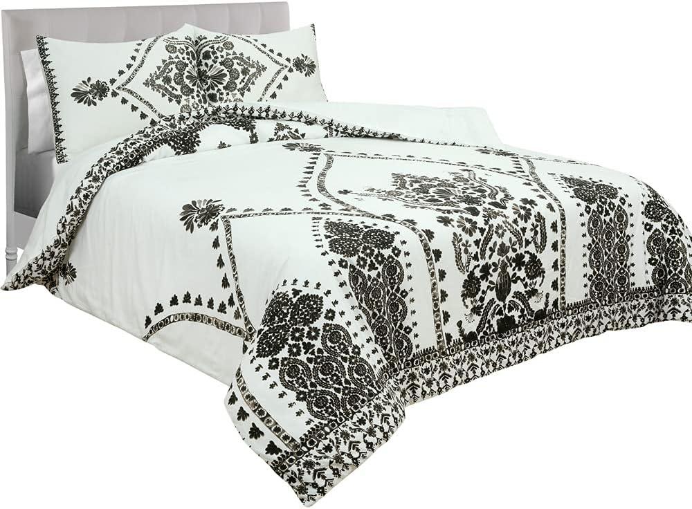 ROYALE LINENS Nikki Chu Varanasi 100% Cotton Comforter and Sham Set, Black/White, Queen